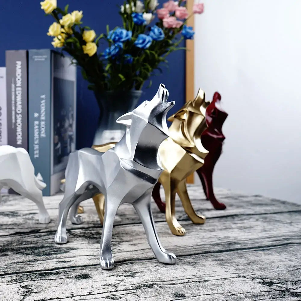 Modern silver geometric wolf statue featuring a silver metallic angular design for office decorbites geometric wolf decor