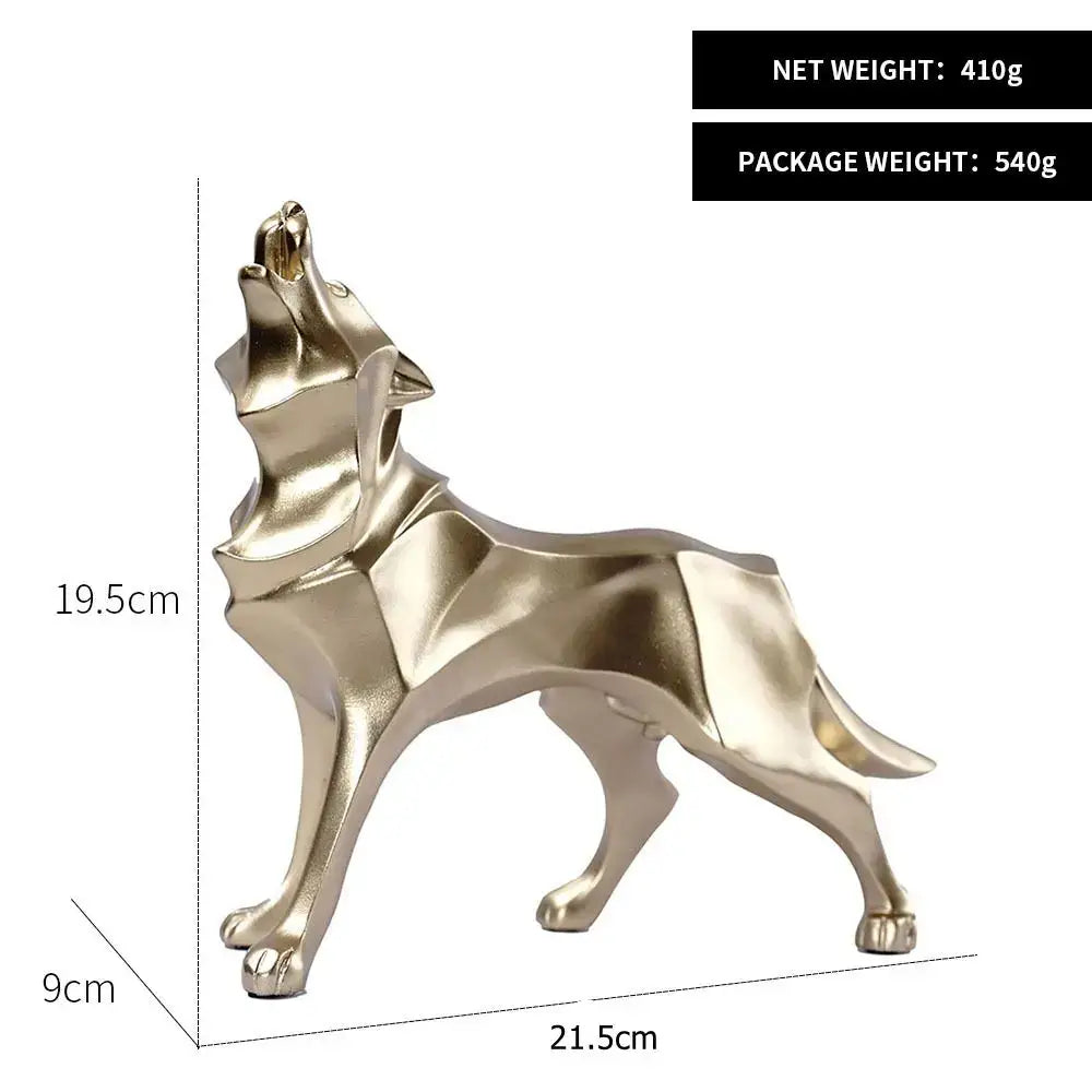 A sleek gold-toned decorbites geometric wolf statue with modern angular design for office abstract decor