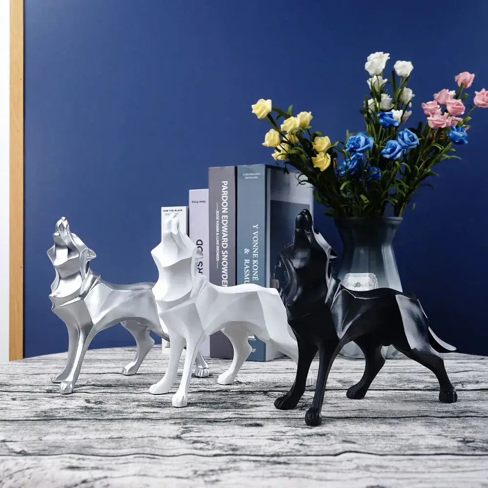 Three minimalist decorbites geometric wolf statues in silver white and black resin for modern office decor