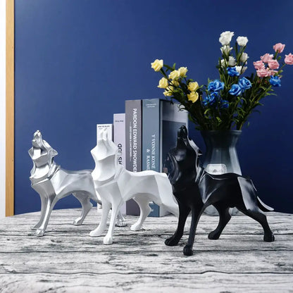 Three minimalist decorbites geometric wolf statues in silver white and black resin for modern office decor