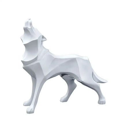 Modern silver geometric wolf statue featuring a white faceted design for office abstract decor by decorbites geometric wolf