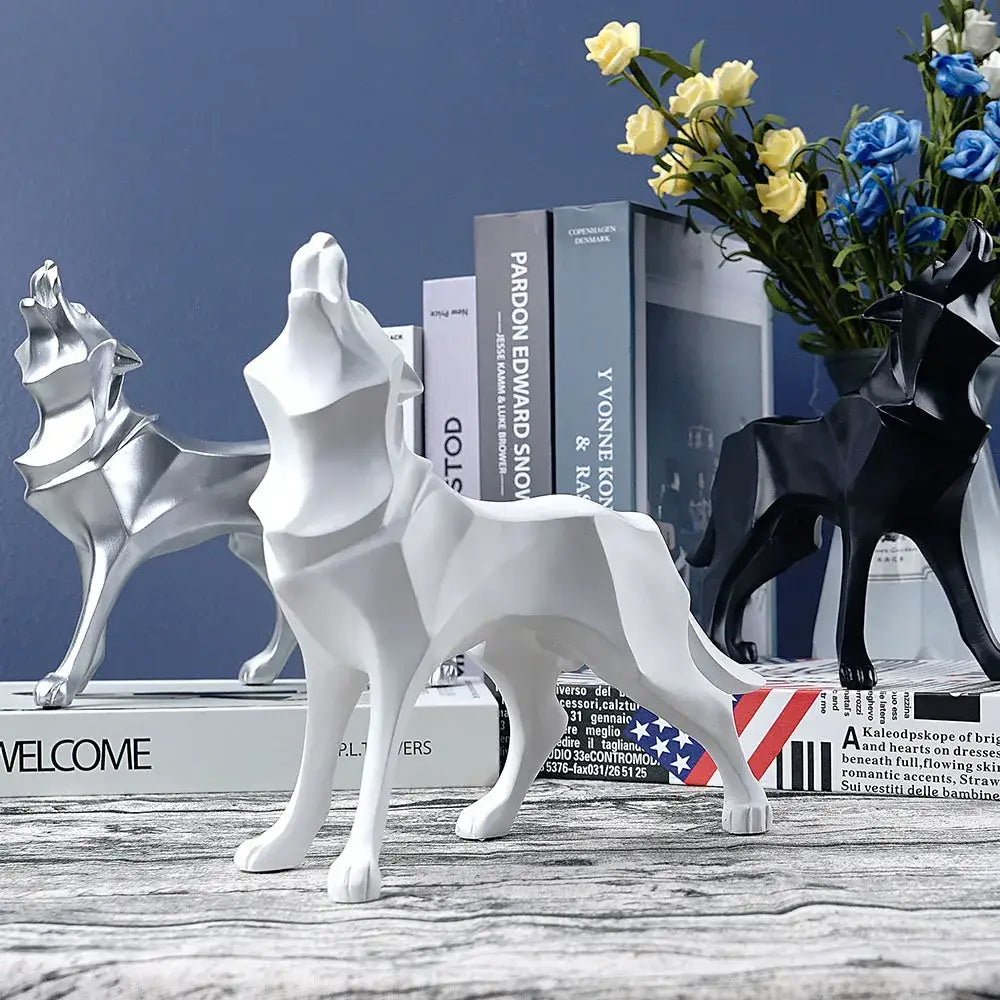 Modern silver geometric wolf statue with sleek glossy finish for office abstract decor by decorbites geometric wolf