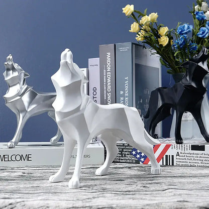 Modern silver geometric wolf statue with sleek glossy finish for office abstract decor by decorbites geometric wolf