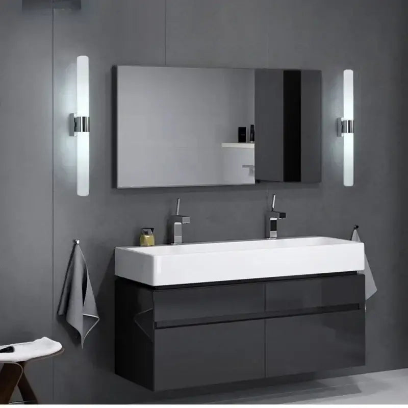 Modern silver gold and black led wall lamp bedroom sconce with glossy black vanity and white rectangular sink decorbites led wall