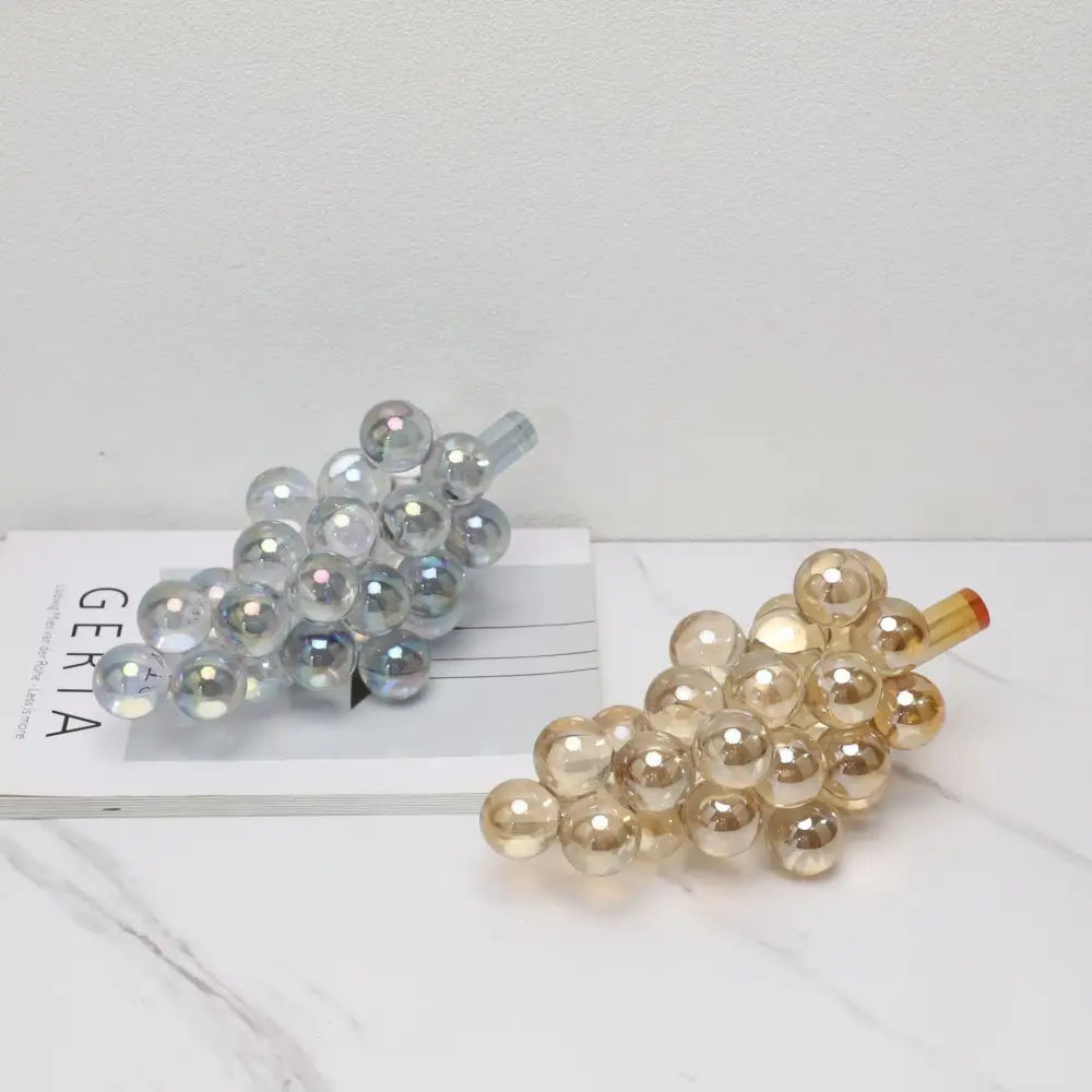 Modern silver gold and chrome crystal grape decorative sculpture with clear iridescent and amber glossy glass clusters