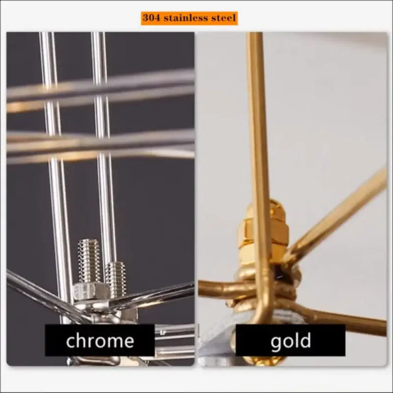 Modern silver and gold stainless steel pendant light with chrome antenna as a stylish focal point for dining room design