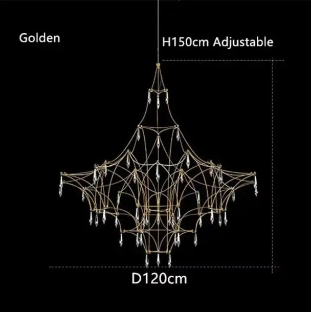 Golden chandelier pendant light featuring intricate metalwork and crystal droplets as a modern design focal point