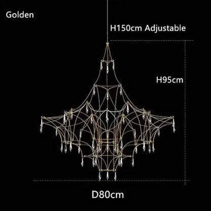 Modern silver and gold pendant light with delicate spiderweb metal frame and crystal droplets as a dining room focal point