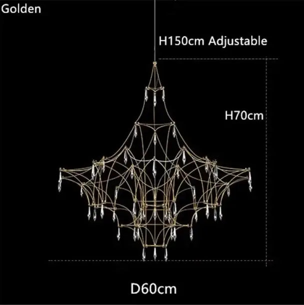 Golden chandelier pendant light with intricate metal framework and crystal droplets as a modern design focal point