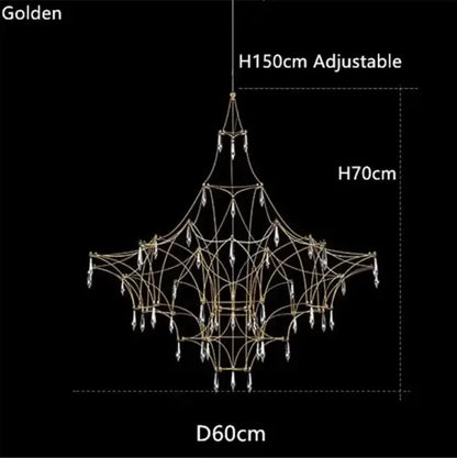 Golden chandelier pendant light with intricate metal framework and crystal droplets as a modern design focal point