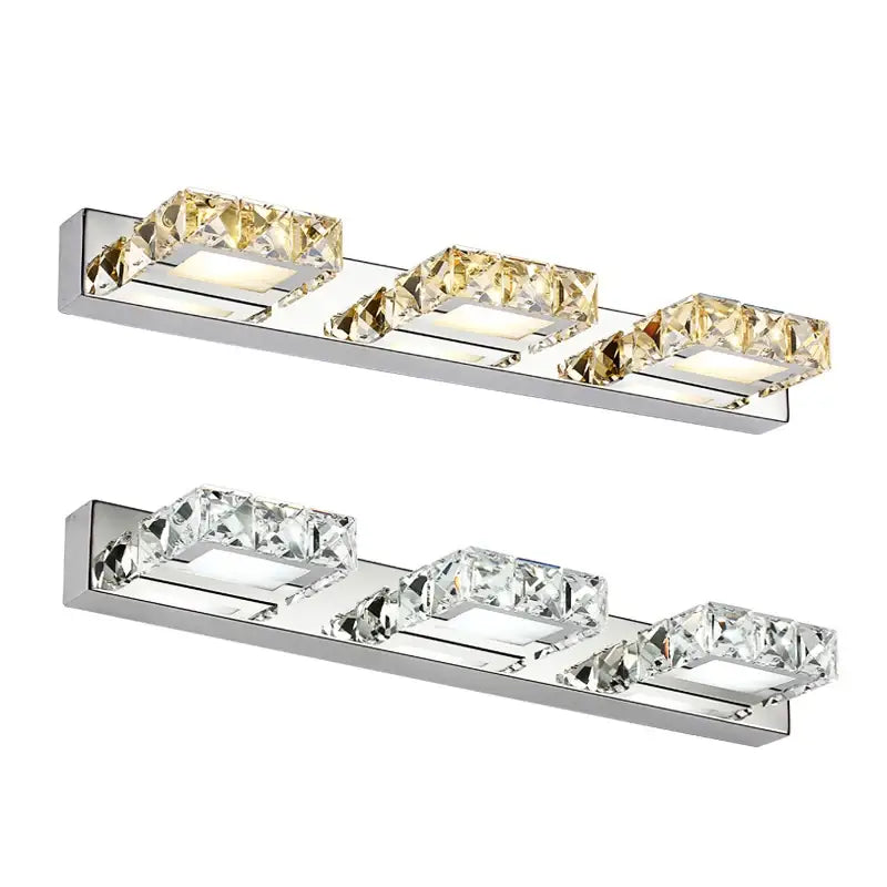 Modern chrome-finished wall lamps with three rectangular crystal accents and warm cool light for decorbites crystal bedroom mirror use