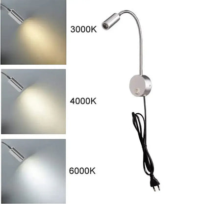 Modern silver flexible gooseneck led wall light reading lamp with adjustable 3000k 4000k and 6000k color temperatures decorbites led wall
