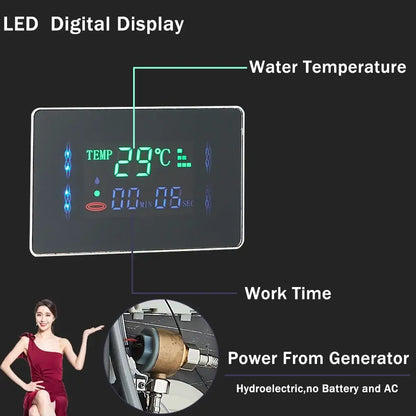 Modern silver led light shower column with 6 modes featuring a green illuminated led digital display showing temperature and time