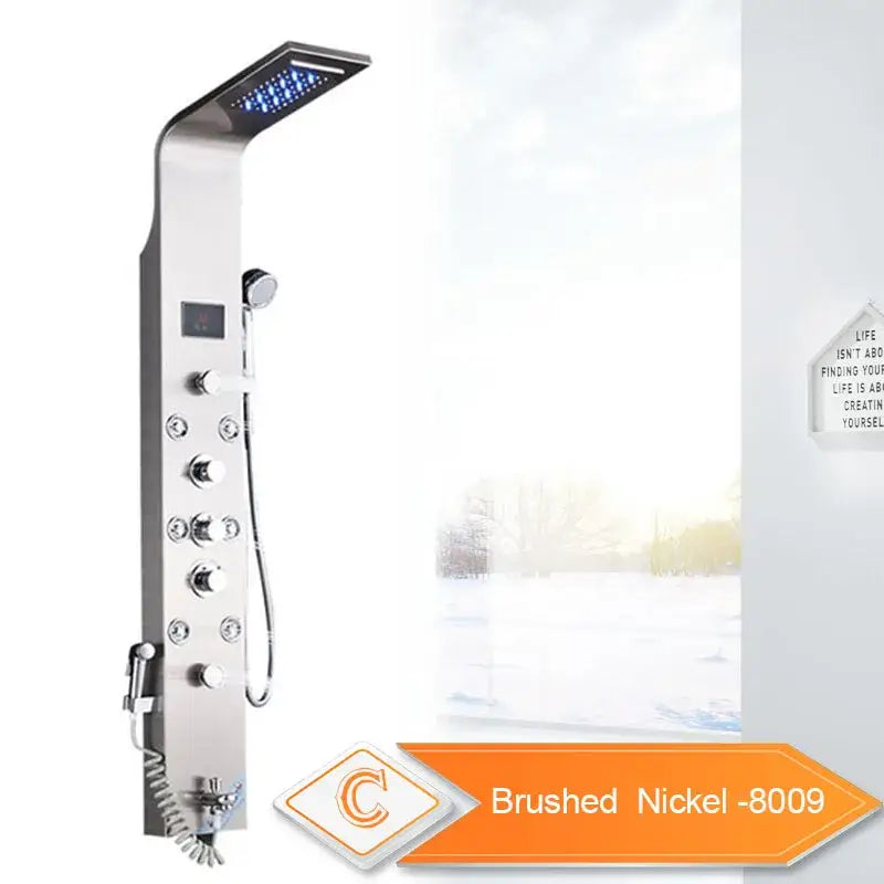 Modern silver led light shower column in brushed nickel with rectangular rainhead and handheld sprayer for bathroom use