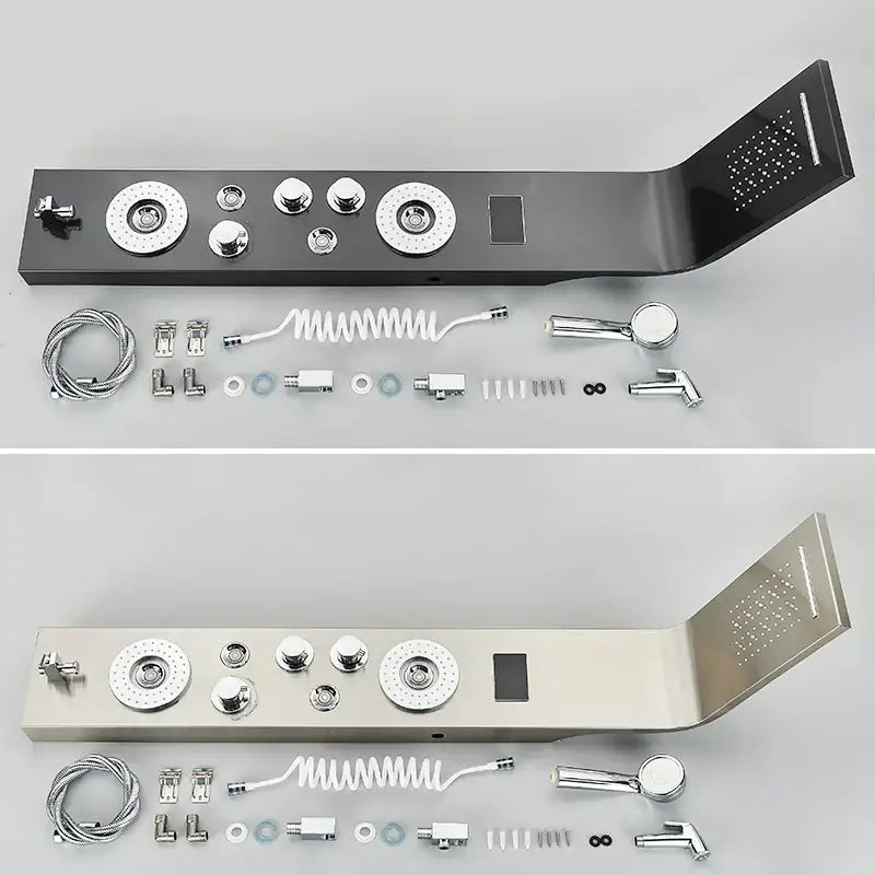 Modern silver led light shower column with black chrome finish multiple spray heads control knobs and digital display panel