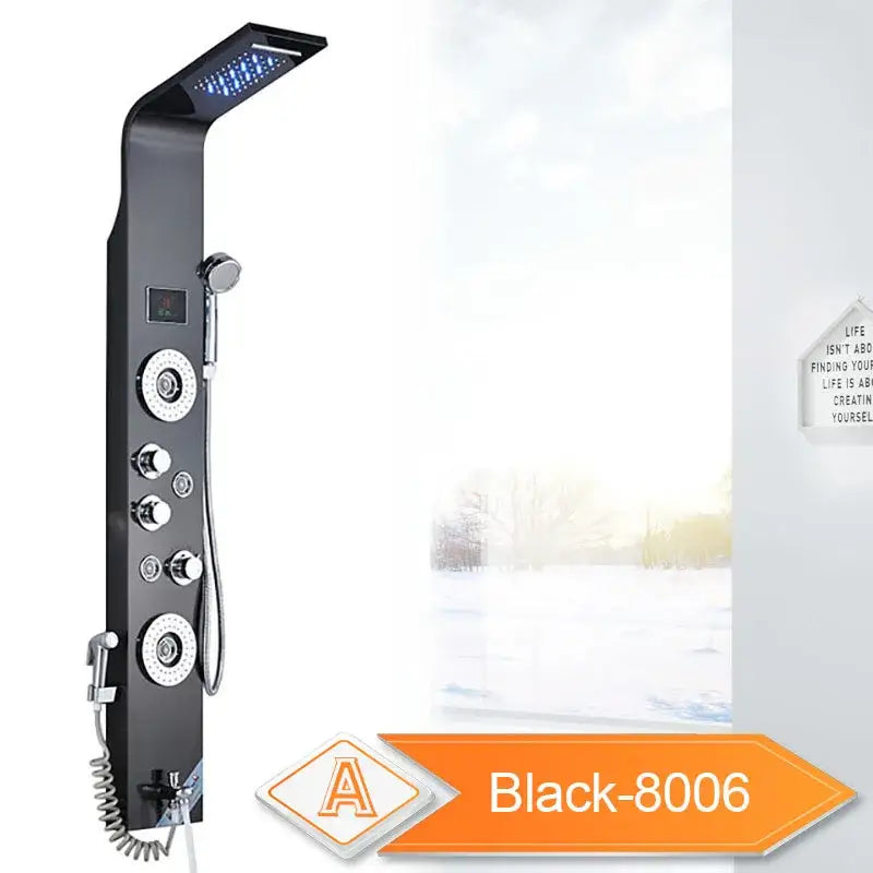Modern silver led light shower column featuring black 8006 rain shower head with multiple spray settings and six modes