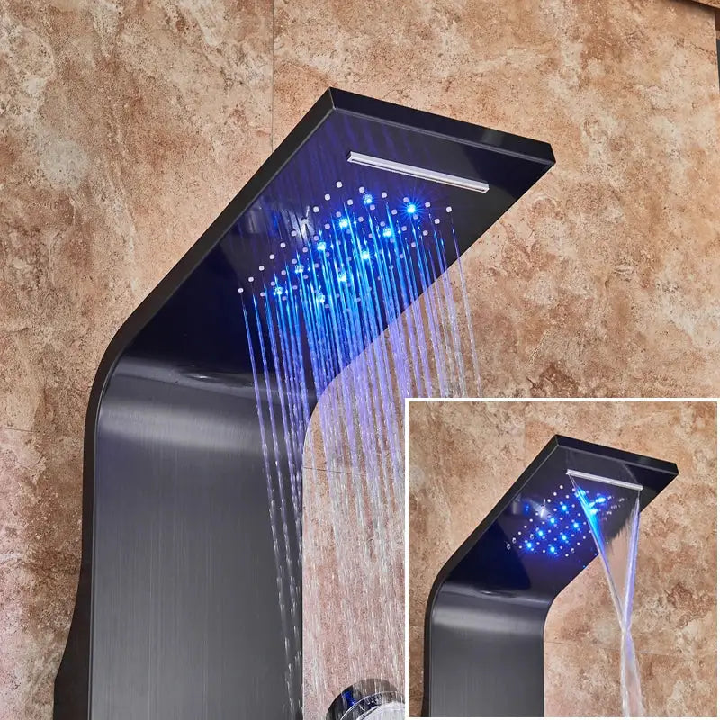 Modern silver led light shower column featuring black matte waterfall showerhead with integrated blue led light