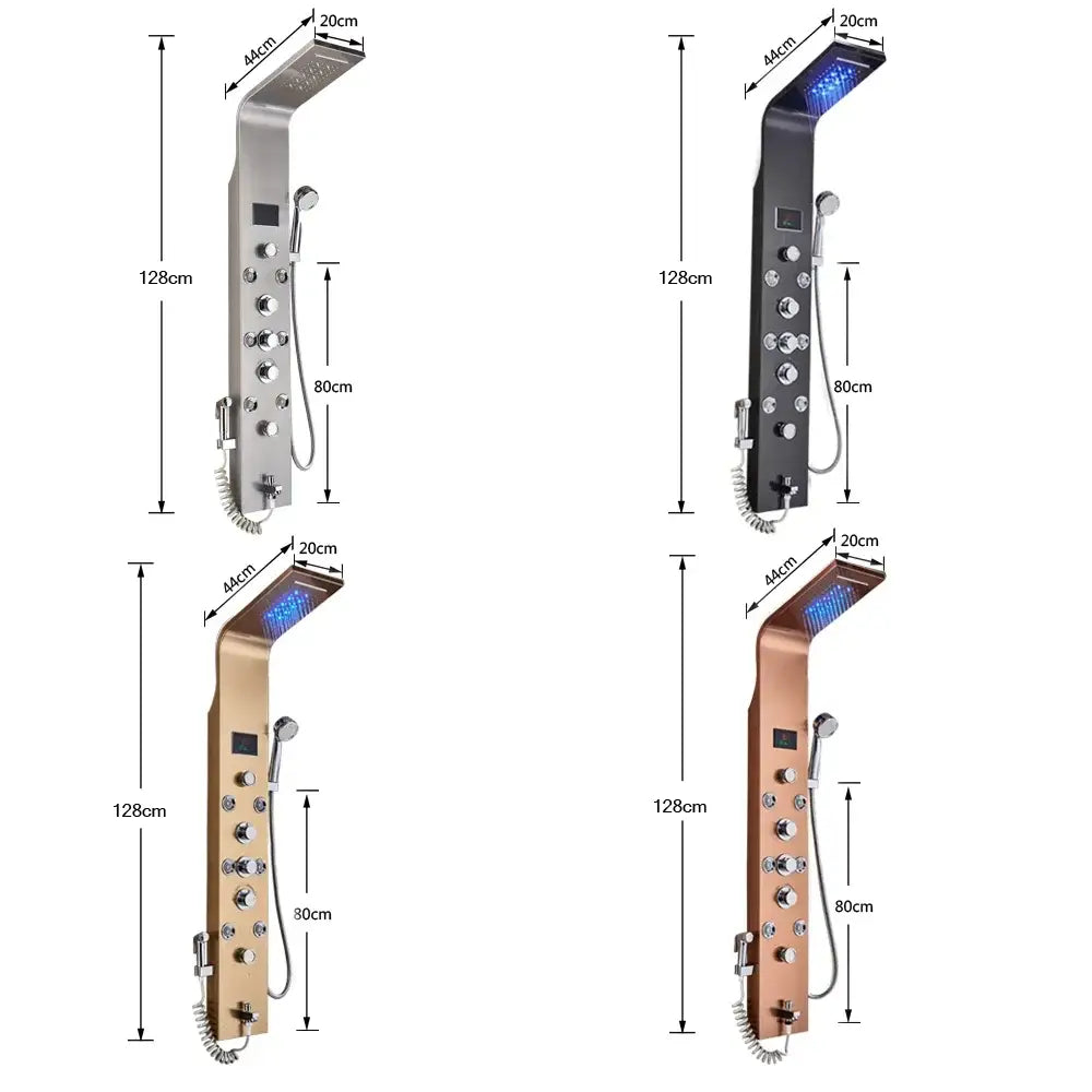 Modern silver led light shower column with 6 spray modes and sleek metallic finish for bathroom use