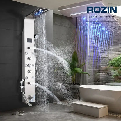 Modern silver Rozin rainfall shower system with six spray modes and blue led light for bathroom use