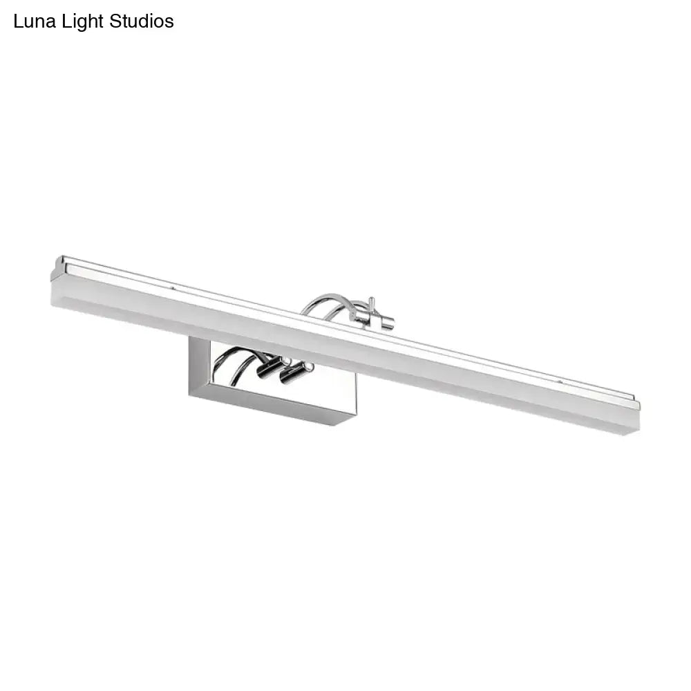 Modern silver linear LED wall light with chrome finish and acrylic shade emitting warm white light for bathroom use
