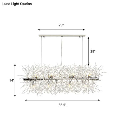 Decorbites modern silver metal linear island light with sleek rectangular frame and crystal-like branching arms