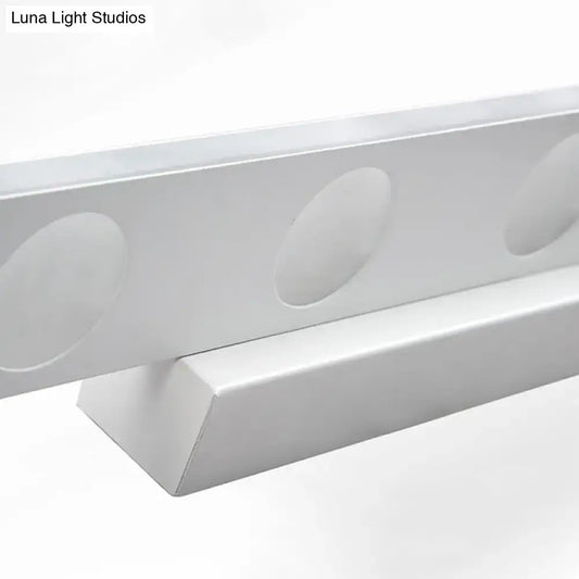 Modern silver oblong acrylic led wall light bathroom vanity mirror featuring a silver metallic channel rail with oval cutouts