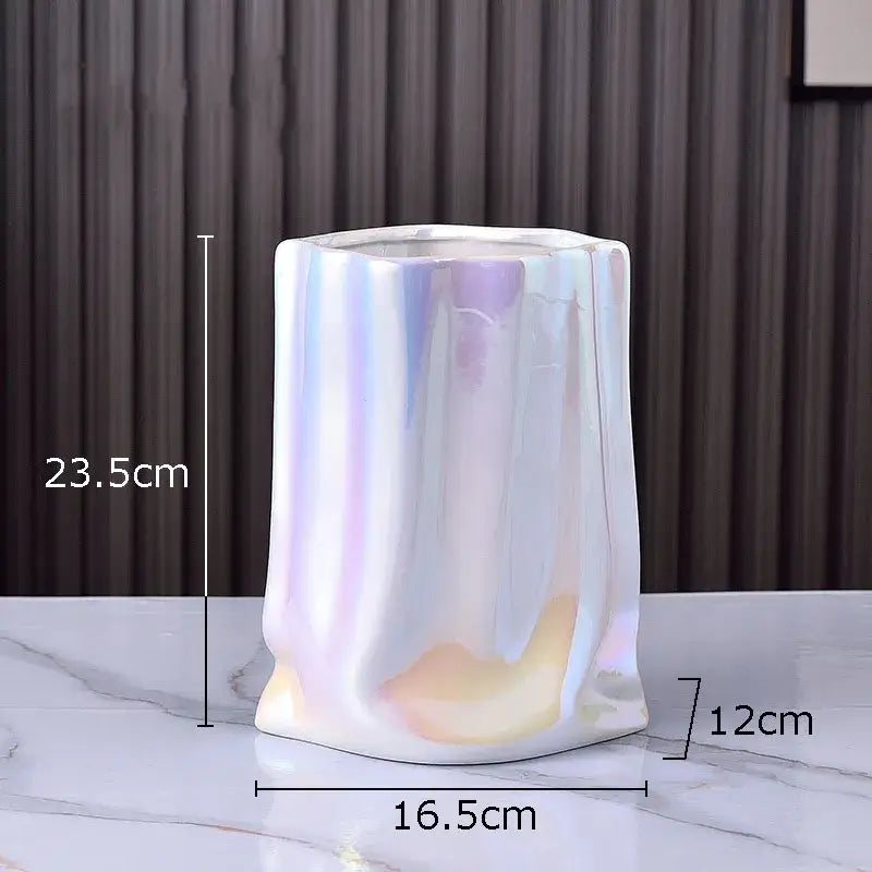 Modern silver pleated texture ceramic vase with iridescent pearlescent finish for living room decorbites gold plated decor