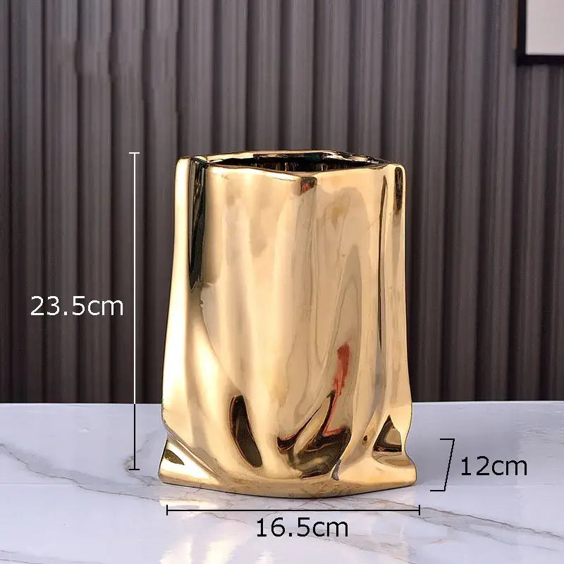Modern silver pleated texture ceramic vase with shiny gold plated pleated sculpted body for living room decorbites decor