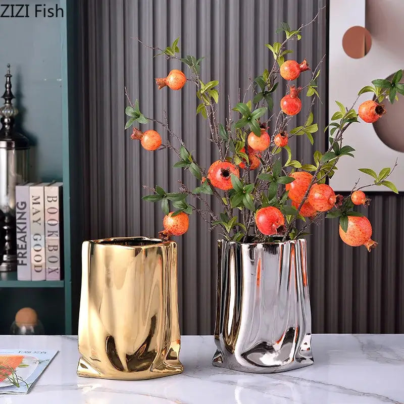 Two modern ceramic vases with pleated texture in gold plated and silver for living room decorbites decor