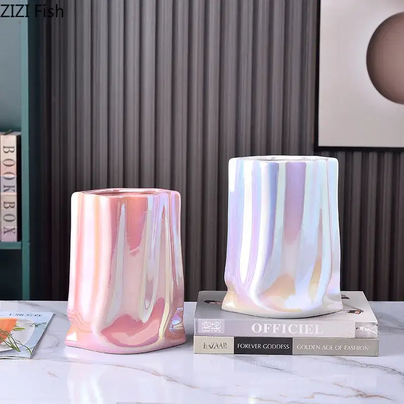 Two iridescent ceramic vases with pleated texture finish in soft pink and white for modern living room decorbites gold plated decor