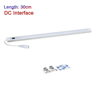 30cm long white led cabinet light with hand sweep switch dc interface and mounting hardware for kitchen use