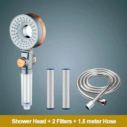 Modern silver and rose gold dual-sided shower head decorbites filter with silver and copper handheld shower head and two filters