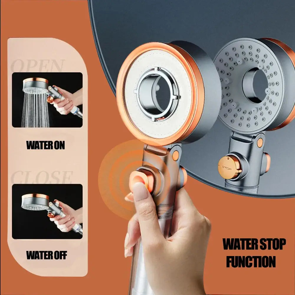 A sleek modern decorbites dual-sided shower head with brushed silver finish and rose gold copper accents bathroom filter