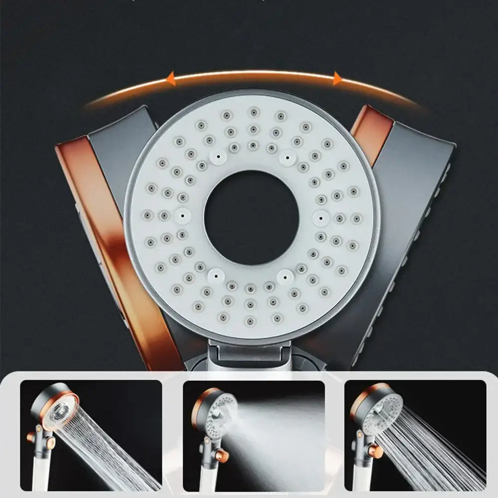Modern silver and rose gold dual-sided shower head with chrome and copper finish featuring multiple spray settings for decorbites dual-sided shower