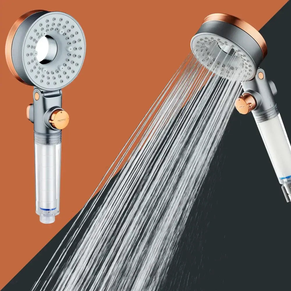 Modern silver and rose gold dual-sided shower head with multiple spray nozzles and integrated filter cartridge decorbites dual-sided shower