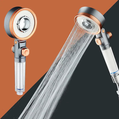 Modern silver and rose gold decorbites dual-sided shower head with sleek black copper finish and transparent water filter cartridge