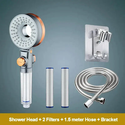 Modern silver and rose gold decorbites dual-sided shower head with circular spray face and transparent filter housing