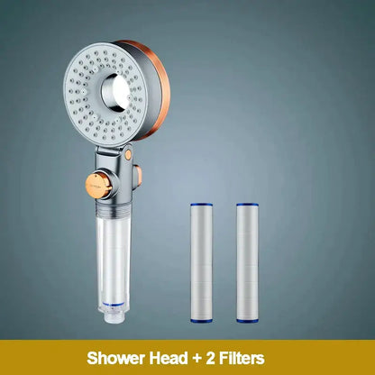Modern silver and rose gold decorbites dual-sided shower head with chrome and copper finish and clear water filter cartridge