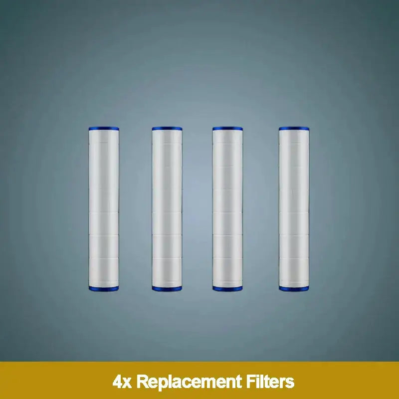 Four white cylindrical replacement filters with blue caps for decorbites dual-sided shower head bathroom filter