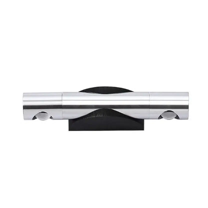 A sleek modern silver chrome rotatable wall lamp with dual adjustable spotlights and a minimalist black base by decorbites