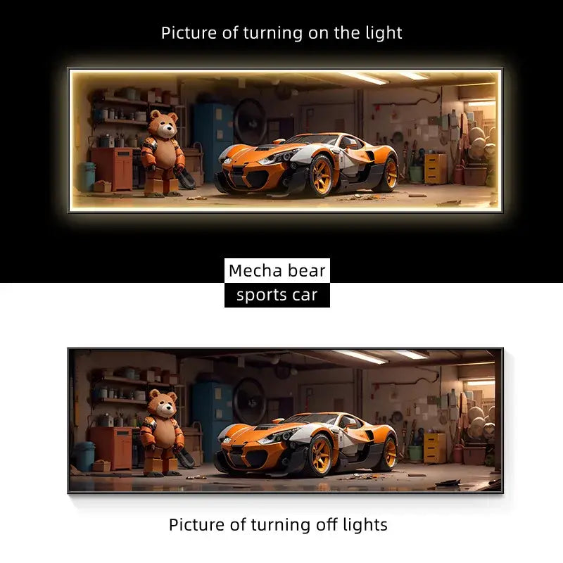 Modern silver led wall lamp featuring an orange and black mecha bear sports car design with gold rims for living room decor