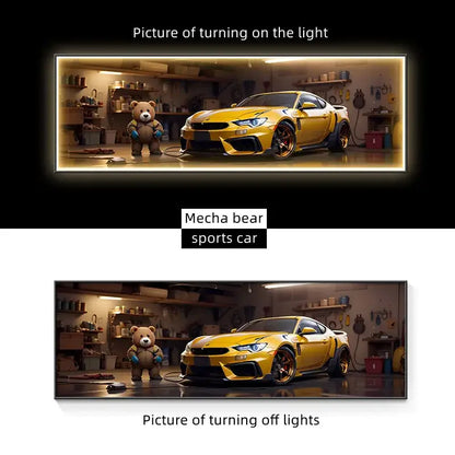 A shiny yellow sports car with black rims featured in a modern silver sports car led wall lamp for living room decor