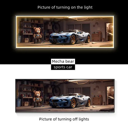 Modern silver sports car led wall lamp featuring a sleek blue metallic sports car with gold rims and mecha bear art