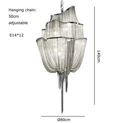 Modern silver tassel chain chandelier with cascading glass fringe and sleek metallic frame for dining room decorbites gold tassel