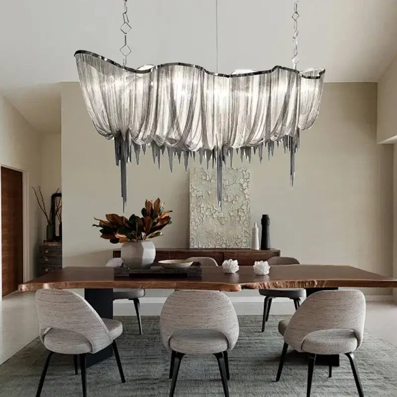 Modern silver tassel chain chandelier with translucent glass curtain and metallic icicle drips for dining room decorbites gold tassel