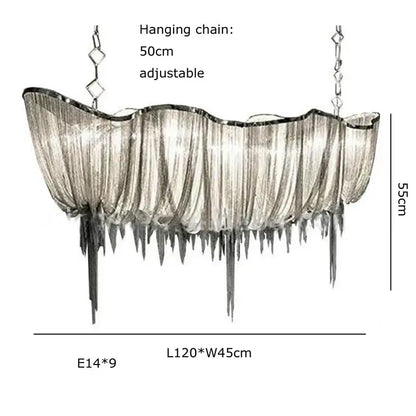Modern silver tassel chain chandelier with flowing curtain design and icicle fringe for dining room decorbites gold tassel inspiration