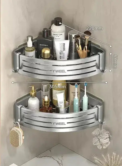 Modern silver two tier corner shelf organizer bathroom storage rack with slatted design and yweel branding decorbites corner shelf