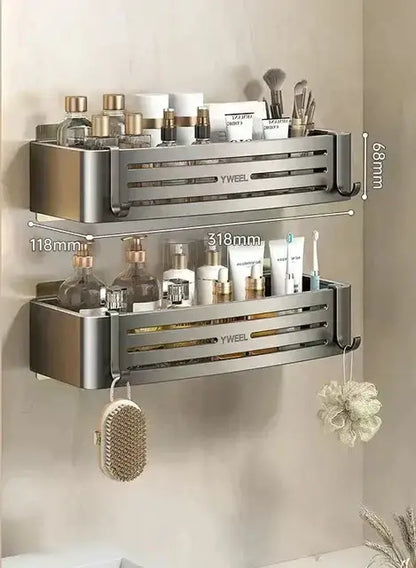 Modern silver two tier metal bathroom corner shelf organizer with slatted design and yweel branding by decorbites corner shelf
