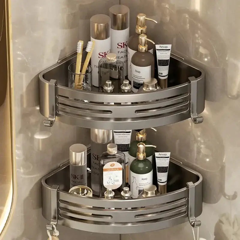 Modern silver two tier corner shelf organizer with sleek horizontal slats for bathroom storage by decorbites corner shelf