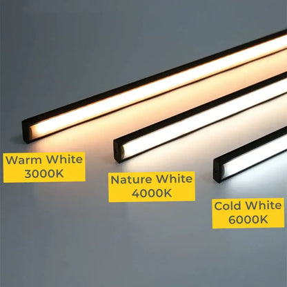 Modern silver u-shape led bar strip light with black frame showing warm white nature white and cold white options